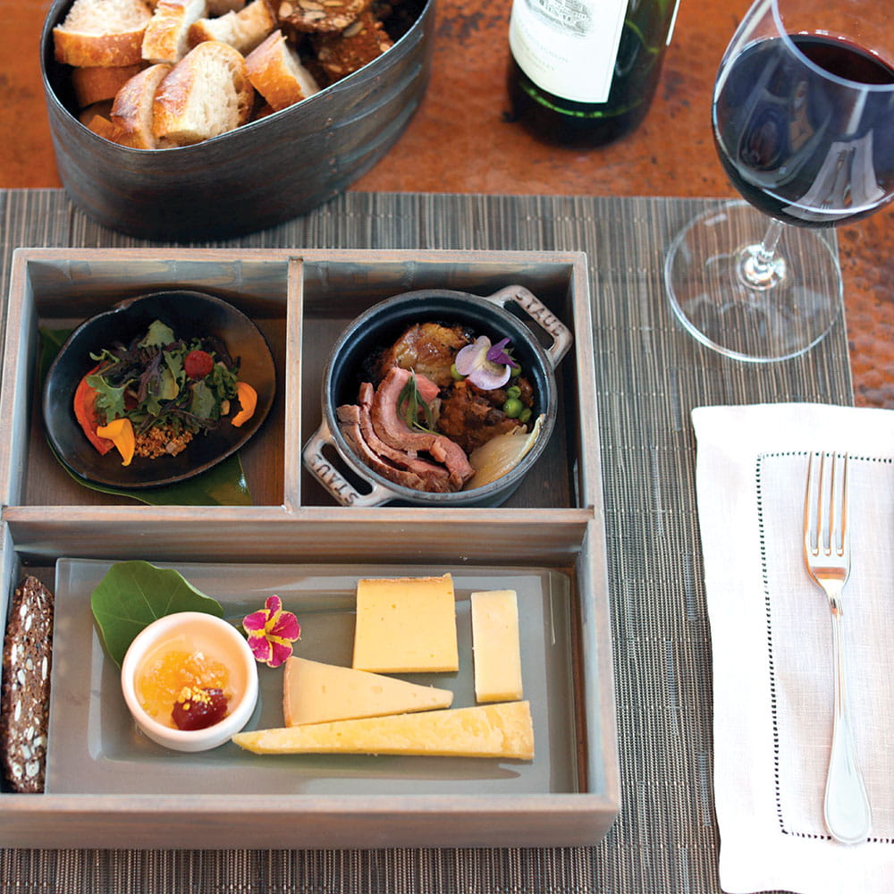 Bento box featuring food pairings with Jordan Cabernet Sauvignon