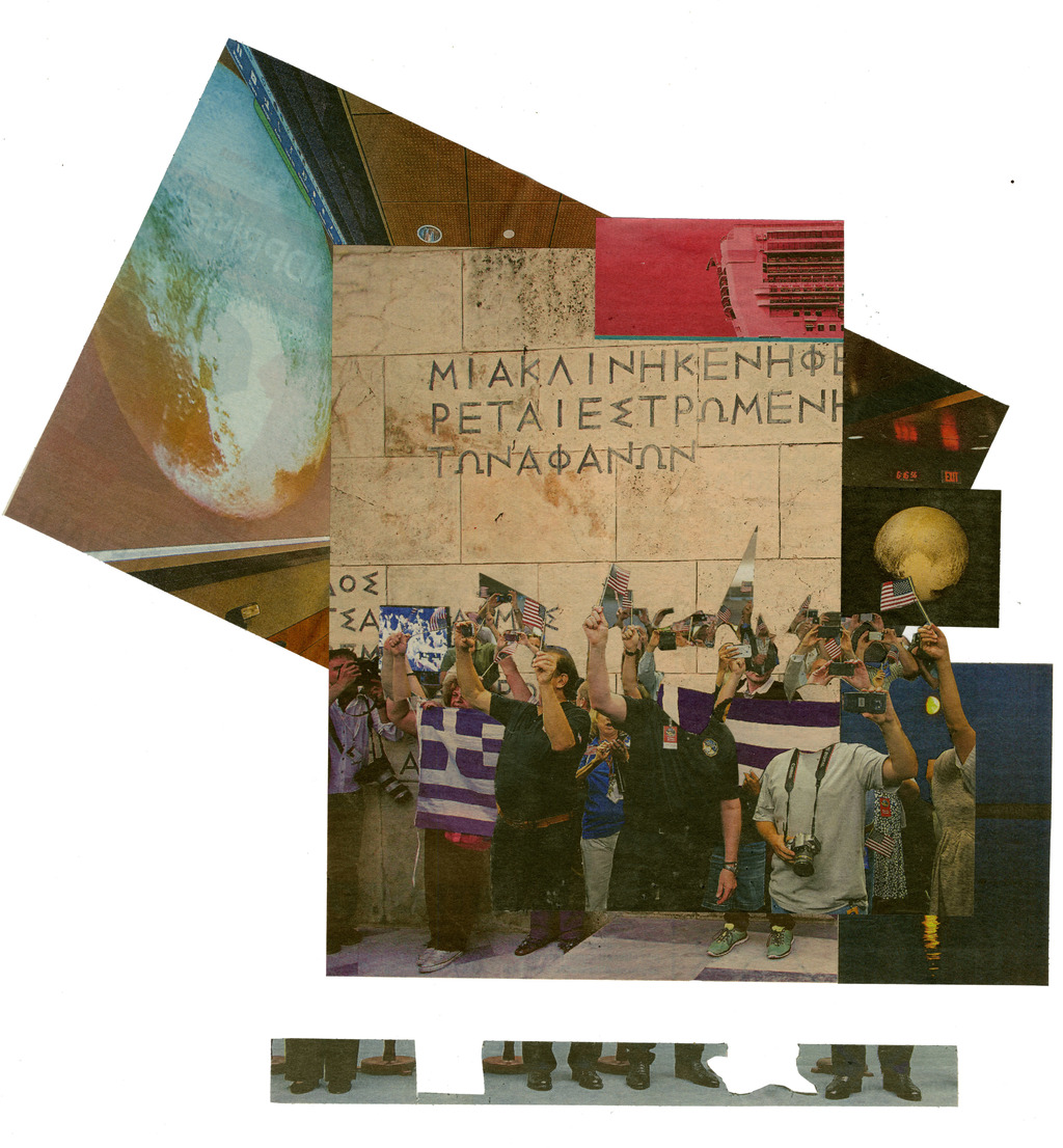 Flags for Greece and Pluto, Svenska Dag- bladet 15th July 2015, Collage, 31 x 31 cm.