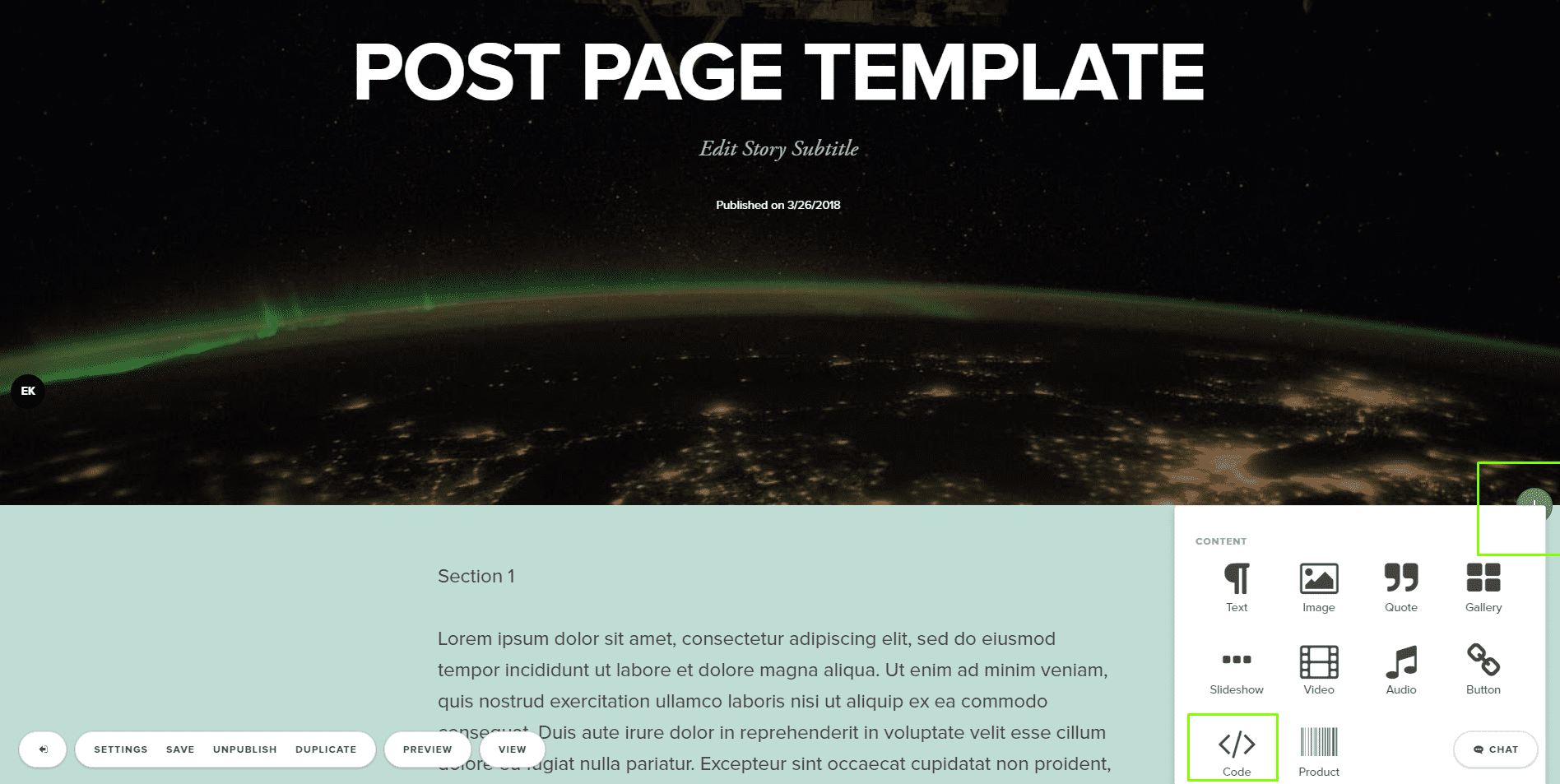 Press ‘+’ in the Section right after the Banner. Select ‘Code’ option.