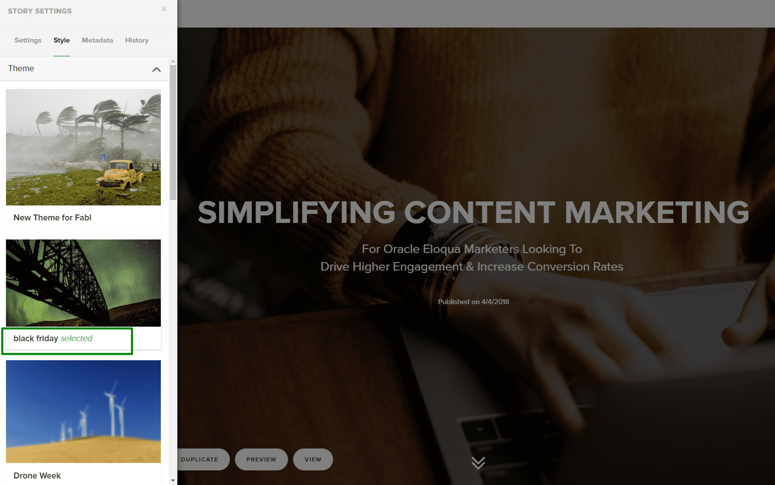 Press Theme to Select it for the particular Story