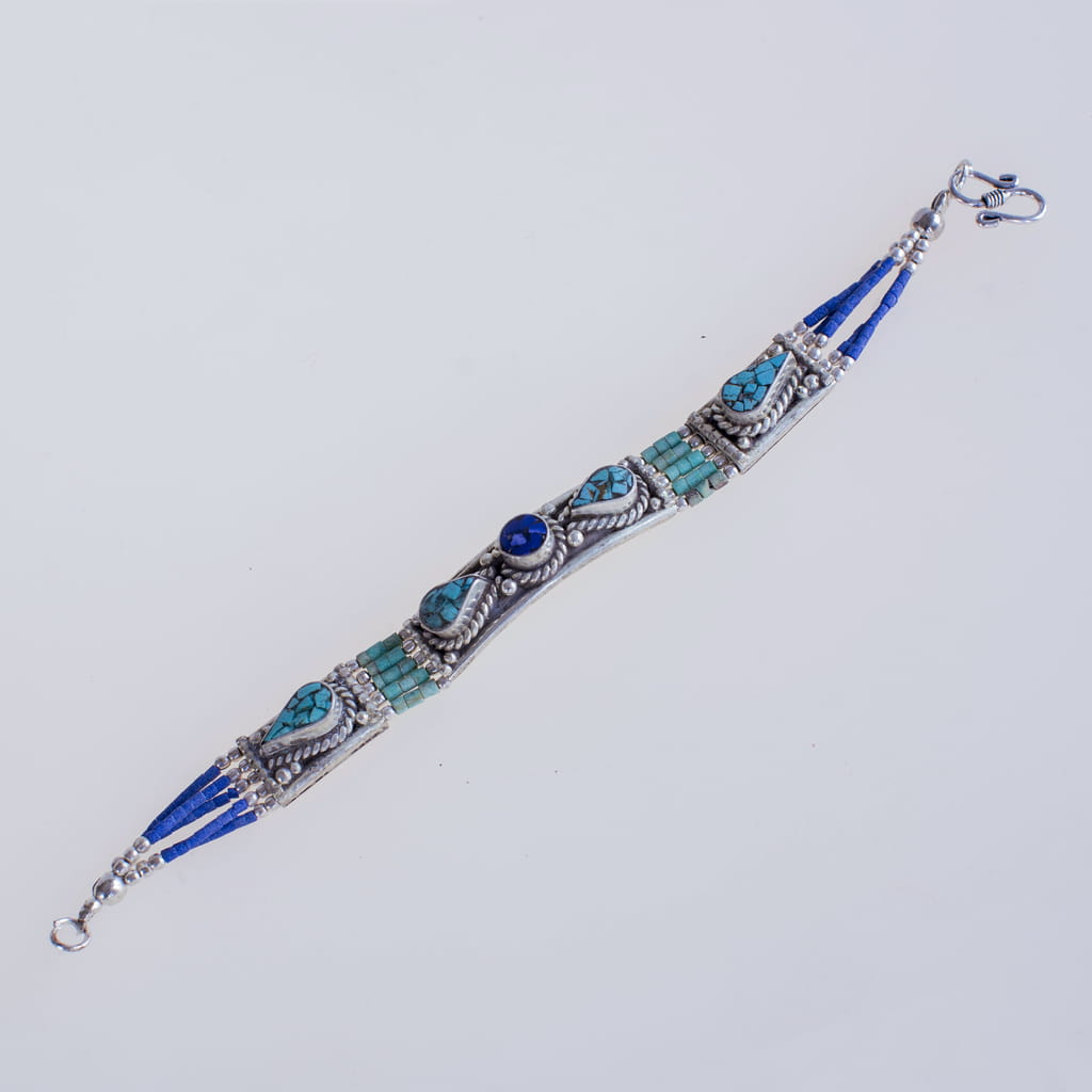 Blue Coral and Tibetan Turquoise Stone Brass Bracelet