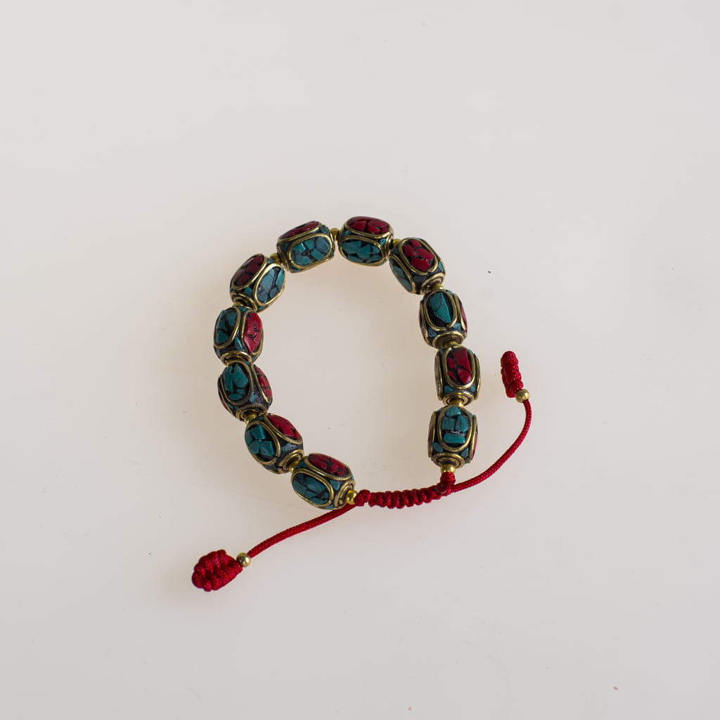 Nepalese In-carved Turquoise and Red Coral Brass Bracelet