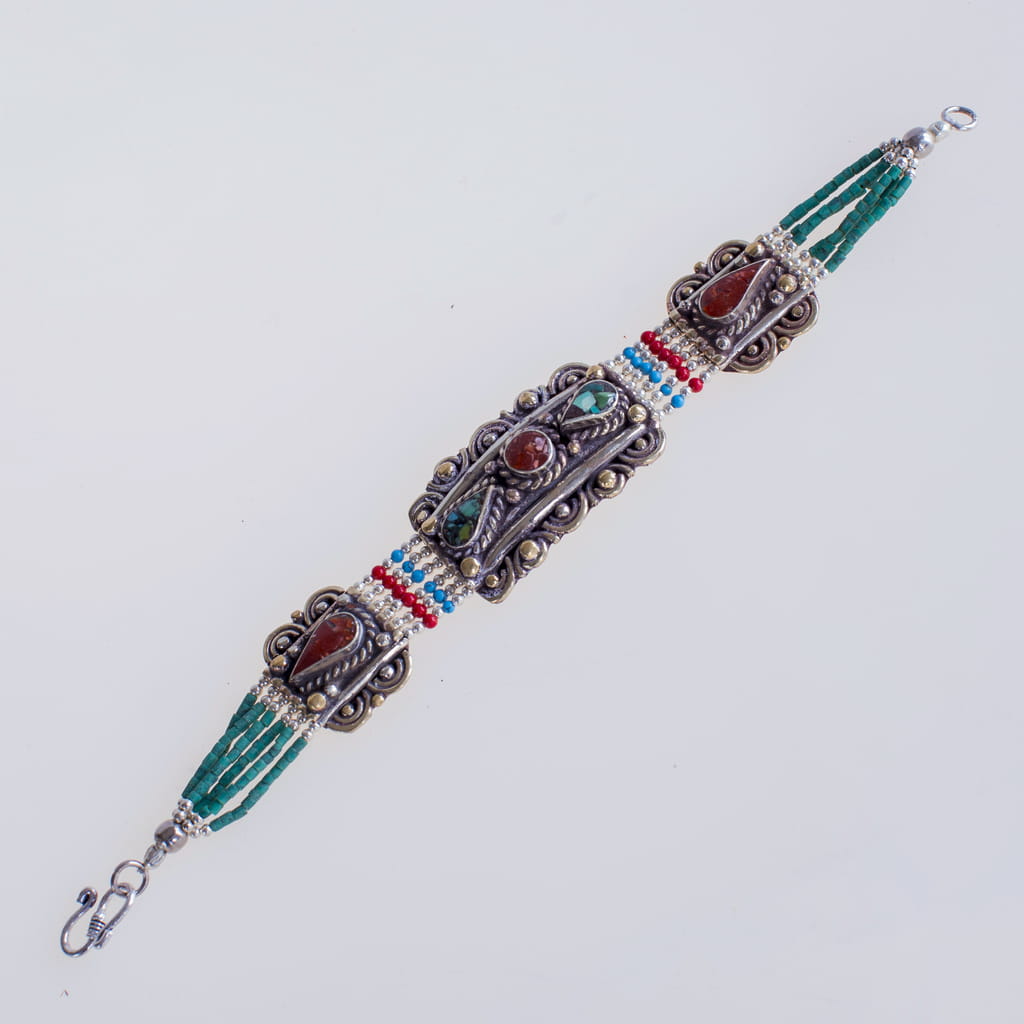 Tibetan Turquoise Stone and Red Coral Brass Bracelet