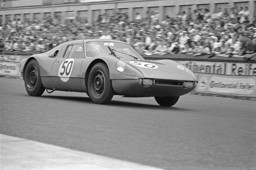 The Porsche 904 Carerra GTS on track, 1964 equipped with blinkers and other signs of homologation