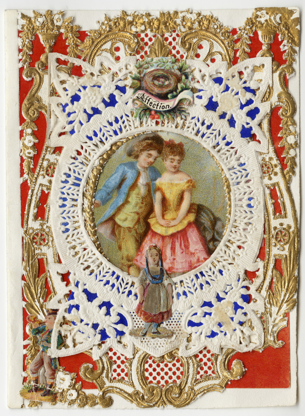 Cloth and lace valentine made by Esther Howland, ca. 1870s. Typescript inside card: ‘You say my heart, my too fond heart, Is cold, my dear, to you; Ah! canst thou such a thought impart To one who loves so true?’ WIKIMEDIA COMMONS
