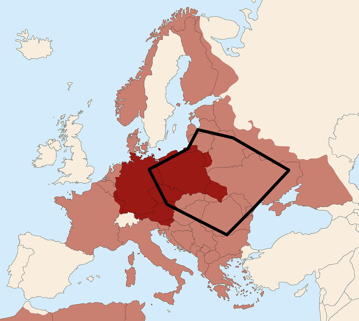 This map shows German control over Europe in 1942, at its greatest extent—Nazi Germany, its allies, and territories under German occupation. Overlaid is the footprint containing the sites of my work between 2010 and 2019 for Alive and Destroyed. This region was the Holocaust’s epicenter. Roughly the eastern half of this zone was the area of the so-called Holocaust by Bullets, and the western half was the area of the so-called Holocaust by Gas. Below is a list of the specific locations where I have worked between 2010-2019 on Alive and Destroyed.