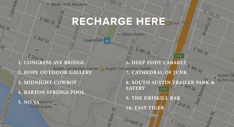 Readers were able to select “recharge” destinations based on location and the availability/desirability of transportation.