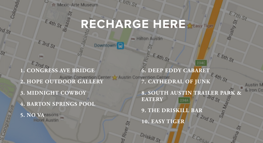 Readers were able to select “recharge” destinations based on location and the availability/desirability of transportation. 