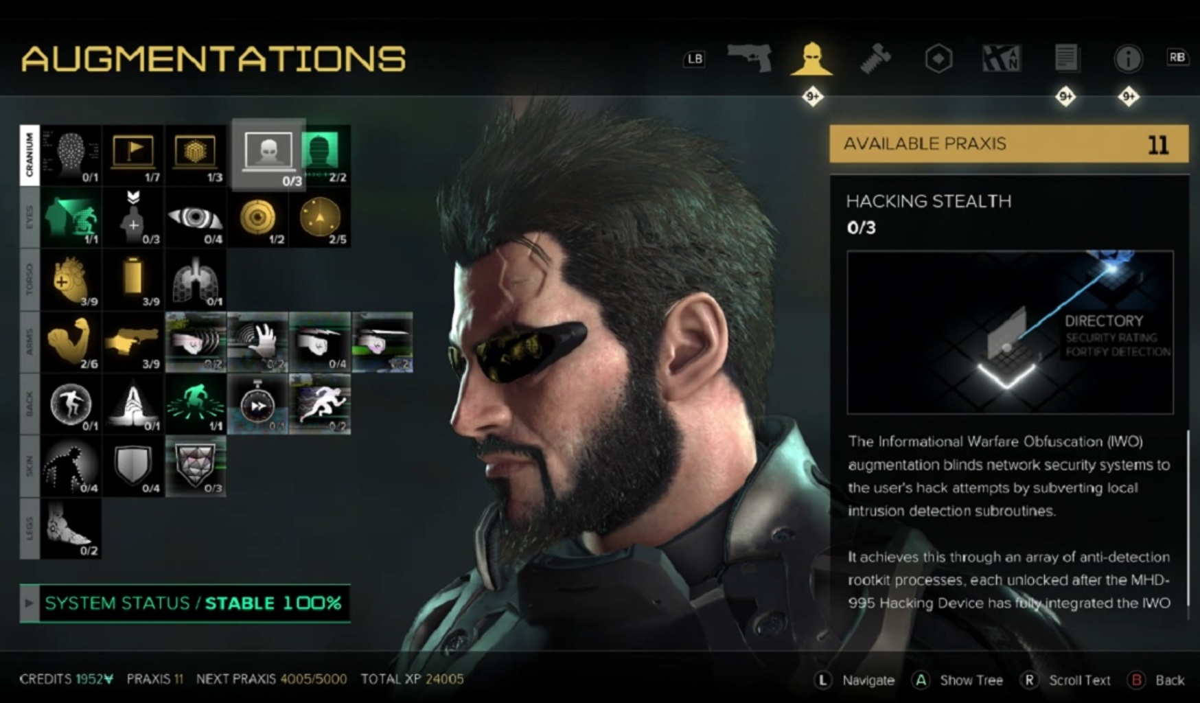 Above: Spend Praxis points wisely on your augs in Deus Ex: Mankind Divided. (Image Credit: Square Enix)